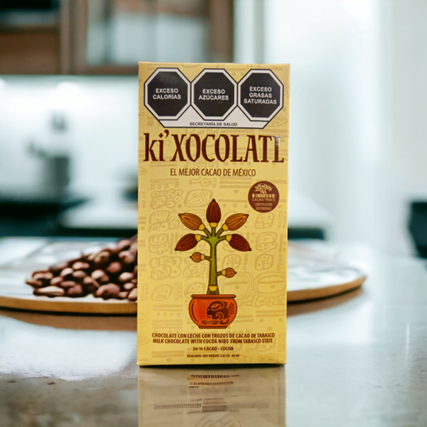Barre de chocolat au lait 36% avec nibs de cacao de Tabasco - ki xocolatl - 80 g